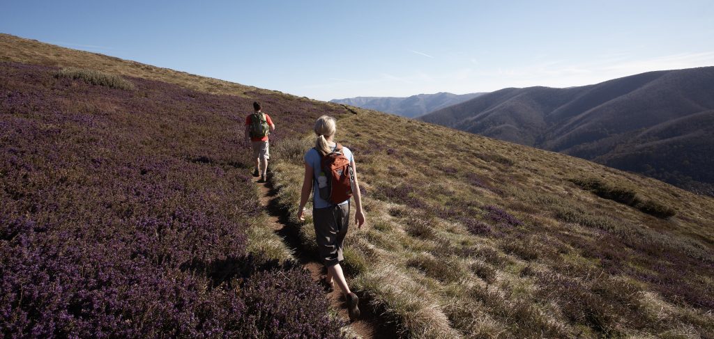 Man and woman hiking up the Victorian Alps and engaging in the 3 peaks challenge
