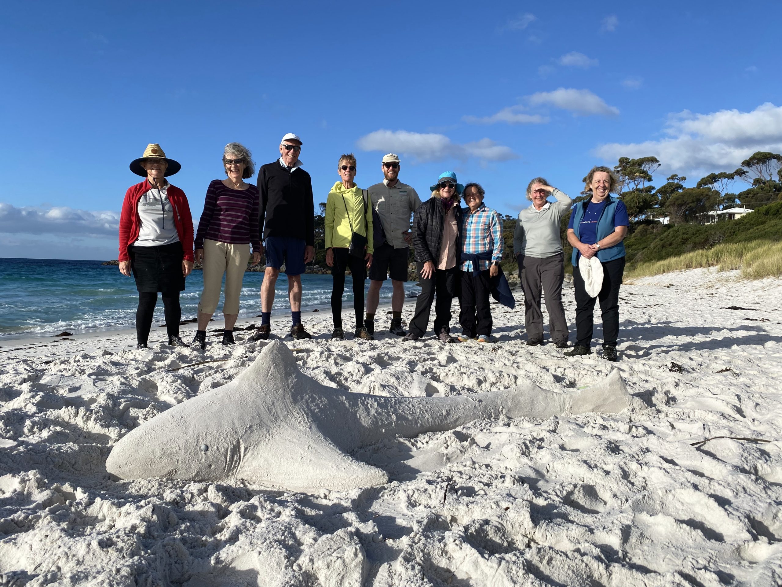 A group of active Australians on a walking tour through the Bay Of Fires in Tasmania
